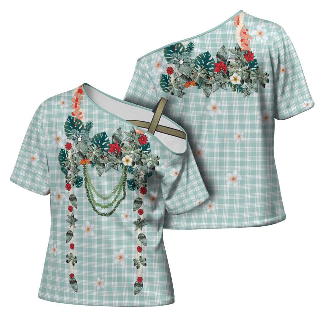 Turquoise Hawaiian Palaka Cross Shoulder Shirt Kukui Nut Money Lei - Polynesian Pride