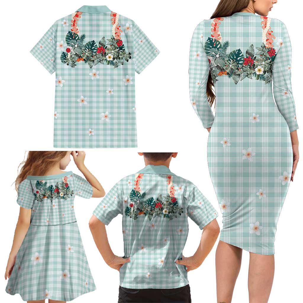 Turquoise Hawaiian Palaka Family Matching Long Sleeve Bodycon Dress and Hawaiian Shirt Kukui Nut Money Lei - Polynesian Pride