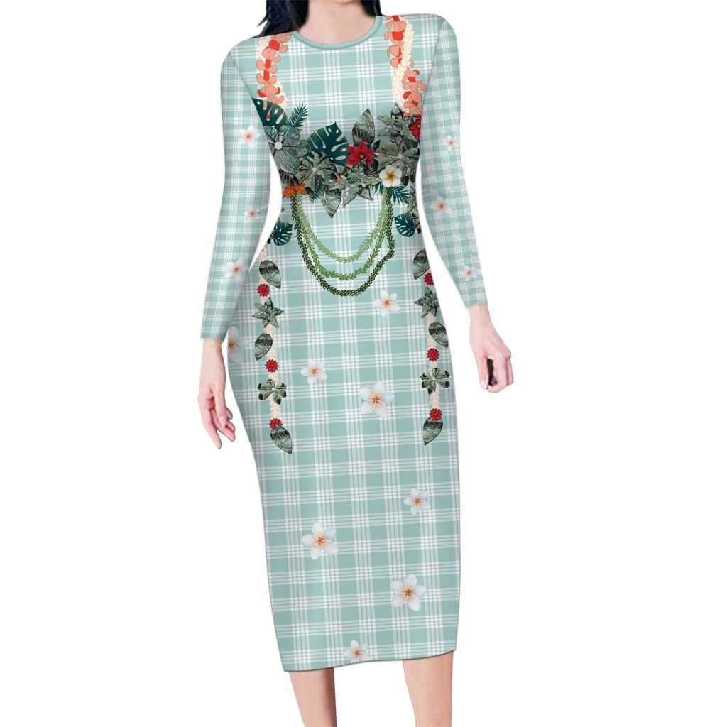 Turquoise Hawaiian Palaka Family Matching Long Sleeve Bodycon Dress and Hawaiian Shirt Kukui Nut Money Lei - Polynesian Pride