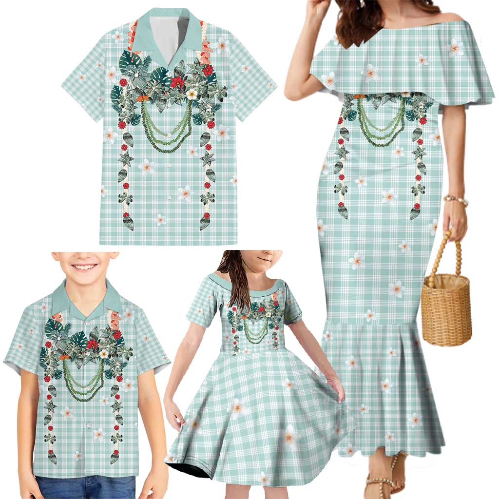 Turquoise Hawaiian Palaka Family Matching Mermaid Dress and Hawaiian Shirt Kukui Nut Money Lei - Polynesian Pride