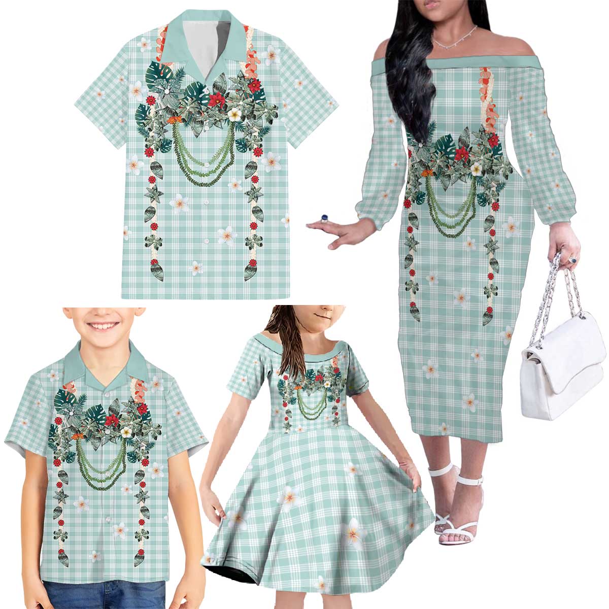 Turquoise Hawaiian Palaka Family Matching Off The Shoulder Long Sleeve Dress and Hawaiian Shirt Kukui Nut Money Lei - Polynesian Pride