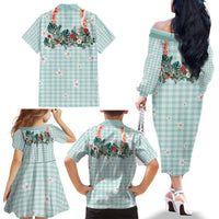 Turquoise Hawaiian Palaka Family Matching Off The Shoulder Long Sleeve Dress and Hawaiian Shirt Kukui Nut Money Lei - Polynesian Pride