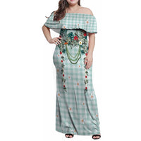 Turquoise Hawaiian Palaka Family Matching Off Shoulder Maxi Dress and Hawaiian Shirt Kukui Nut Money Lei - Polynesian Pride