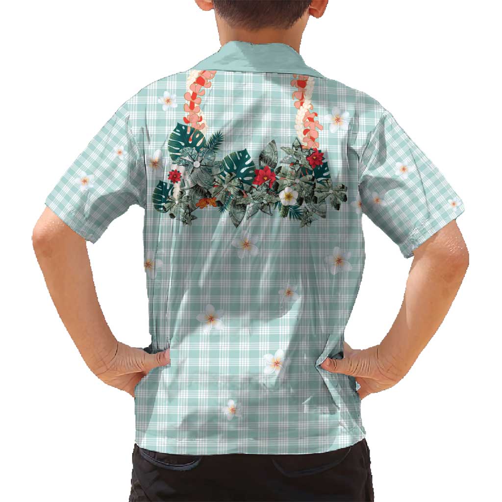 Turquoise Hawaiian Palaka Family Matching Off Shoulder Short Dress and Hawaiian Shirt Kukui Nut Money Lei - Polynesian Pride