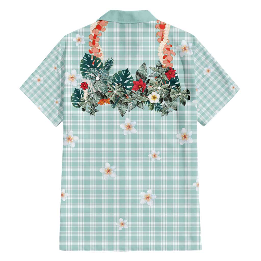 Turquoise Hawaiian Palaka Family Matching Off Shoulder Short Dress and Hawaiian Shirt Kukui Nut Money Lei - Polynesian Pride