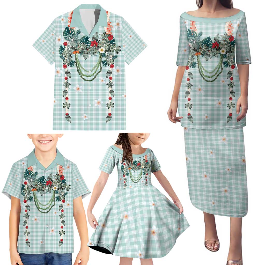 Turquoise Hawaiian Palaka Family Matching Puletasi and Hawaiian Shirt Kukui Nut Money Lei - Polynesian Pride