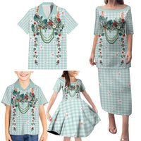 Turquoise Hawaiian Palaka Family Matching Puletasi and Hawaiian Shirt Kukui Nut Money Lei - Polynesian Pride
