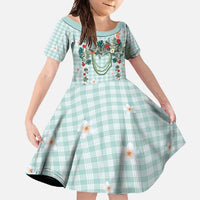 Turquoise Hawaiian Palaka Family Matching Short Sleeve Bodycon Dress and Hawaiian Shirt Kukui Nut Money Lei - Polynesian Pride