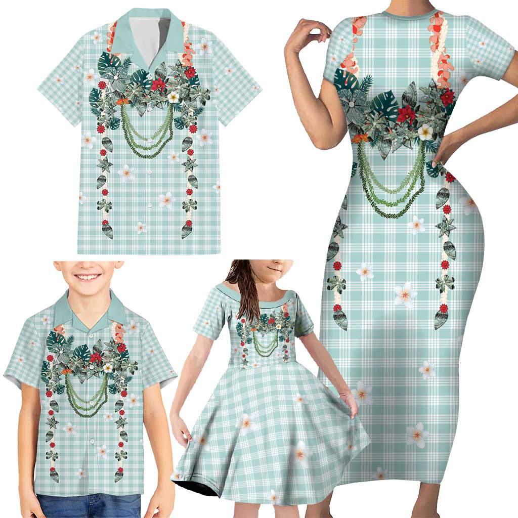 Turquoise Hawaiian Palaka Family Matching Short Sleeve Bodycon Dress and Hawaiian Shirt Kukui Nut Money Lei - Polynesian Pride