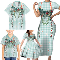 Turquoise Hawaiian Palaka Family Matching Short Sleeve Bodycon Dress and Hawaiian Shirt Kukui Nut Money Lei - Polynesian Pride