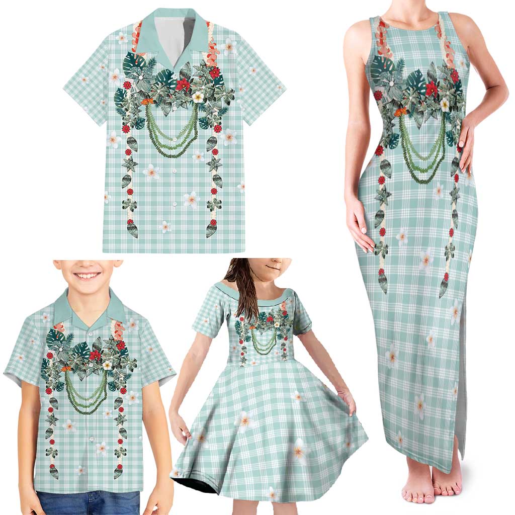 Turquoise Hawaiian Palaka Family Matching Tank Maxi Dress and Hawaiian Shirt Kukui Nut Money Lei - Polynesian Pride