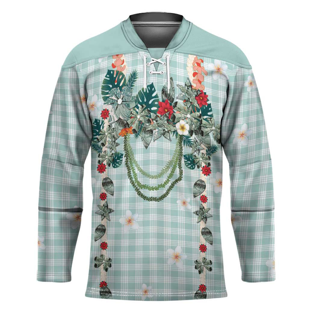 Turquoise Hawaiian Palaka Hockey Jersey Kukui Nut Money Lei - Polynesian Pride