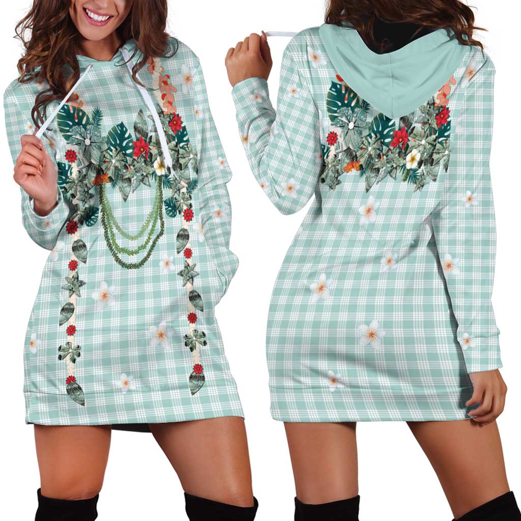 Turquoise Hawaiian Palaka Hoodie Dress Kukui Nut Money Lei - Polynesian Pride