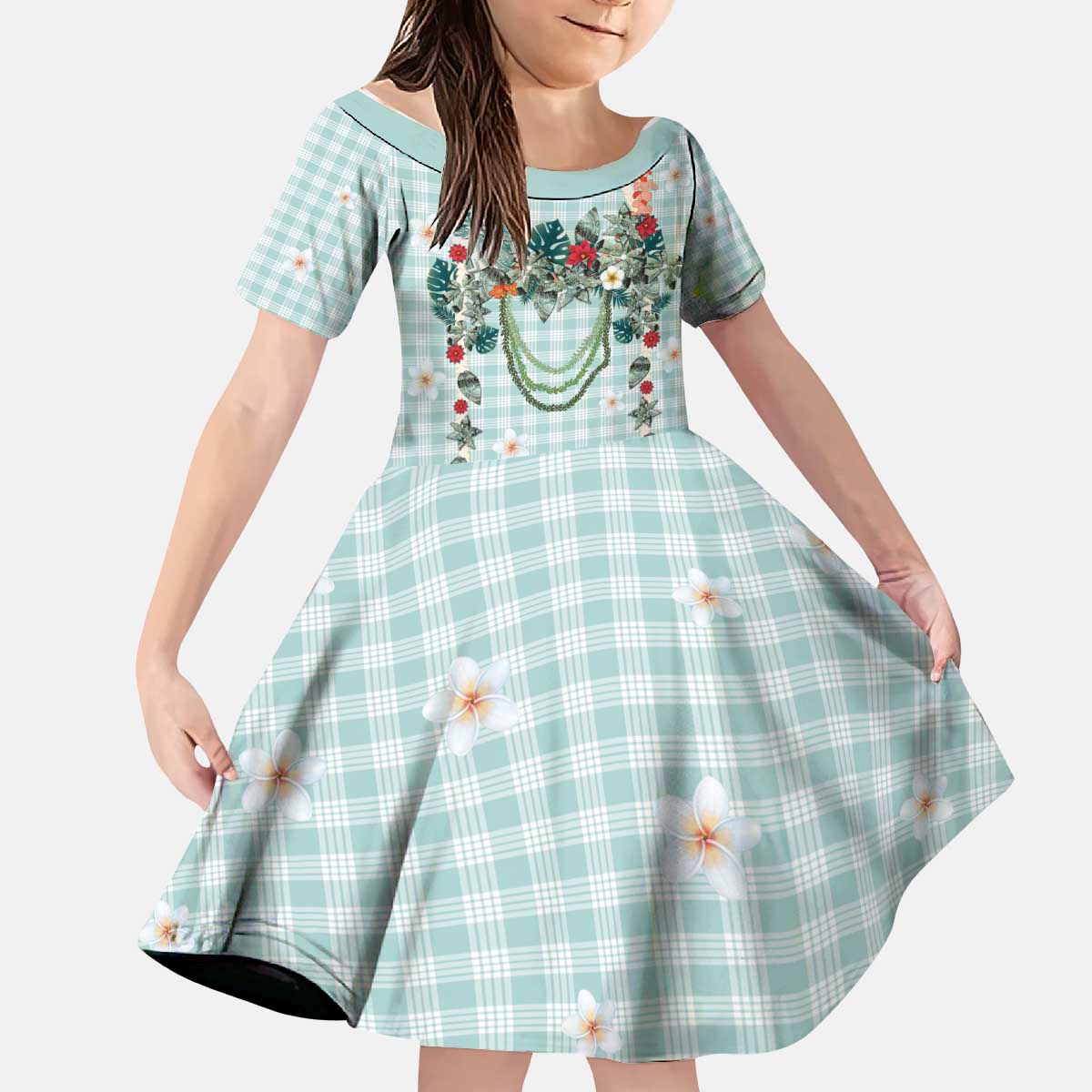 Turquoise Hawaiian Palaka Kid Short Sleeve Dress Kukui Nut Money Lei - Polynesian Pride