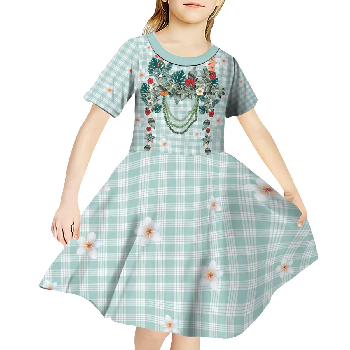 Turquoise Hawaiian Palaka Kid Short Sleeve Dress Kukui Nut Money Lei - Polynesian Pride