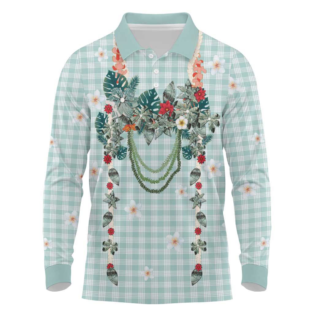 Turquoise Hawaiian Palaka Long Sleeve Polo Shirt Kukui Nut Money Lei - Polynesian Pride