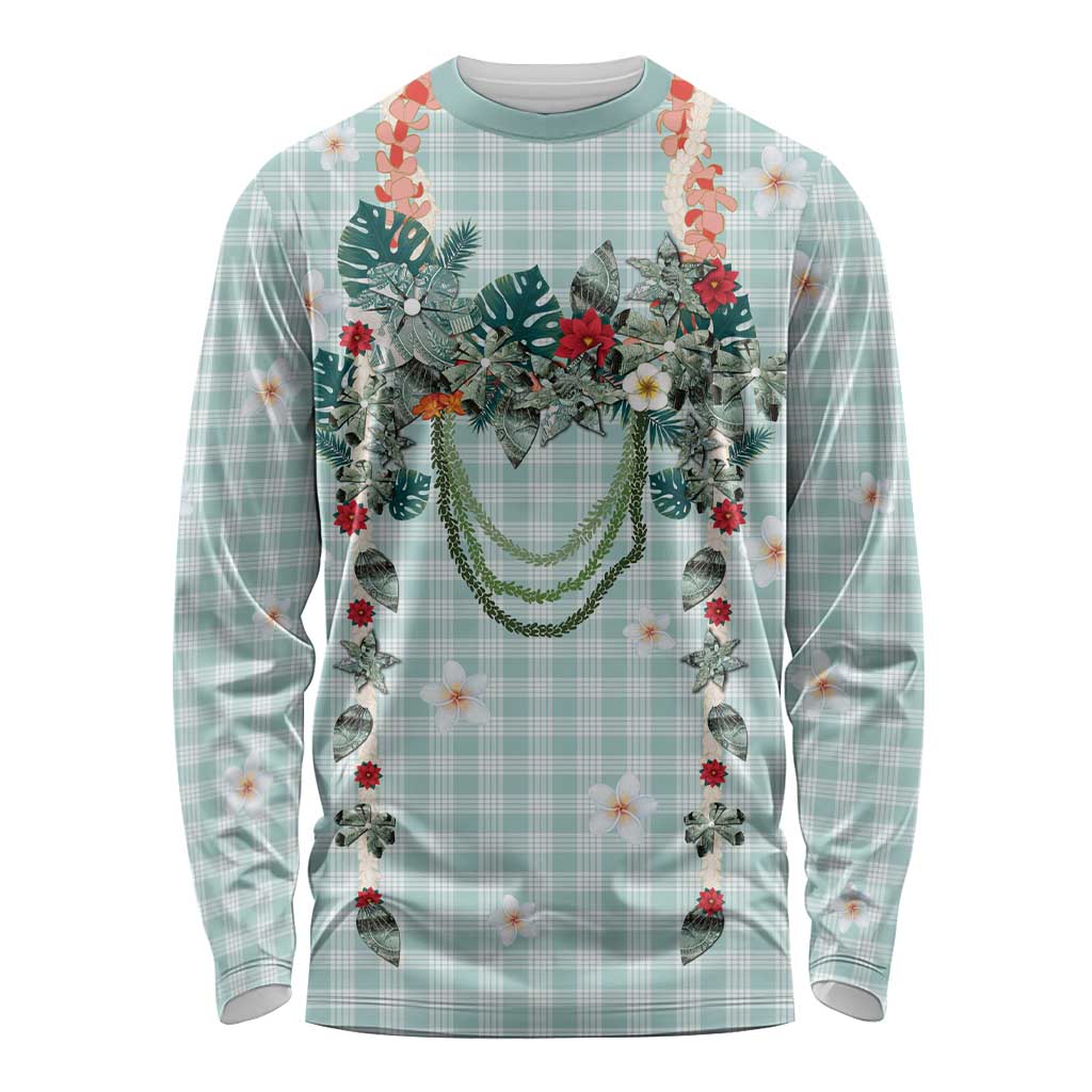 Turquoise Hawaiian Palaka Long Sleeve Shirt Kukui Nut Money Lei - Polynesian Pride