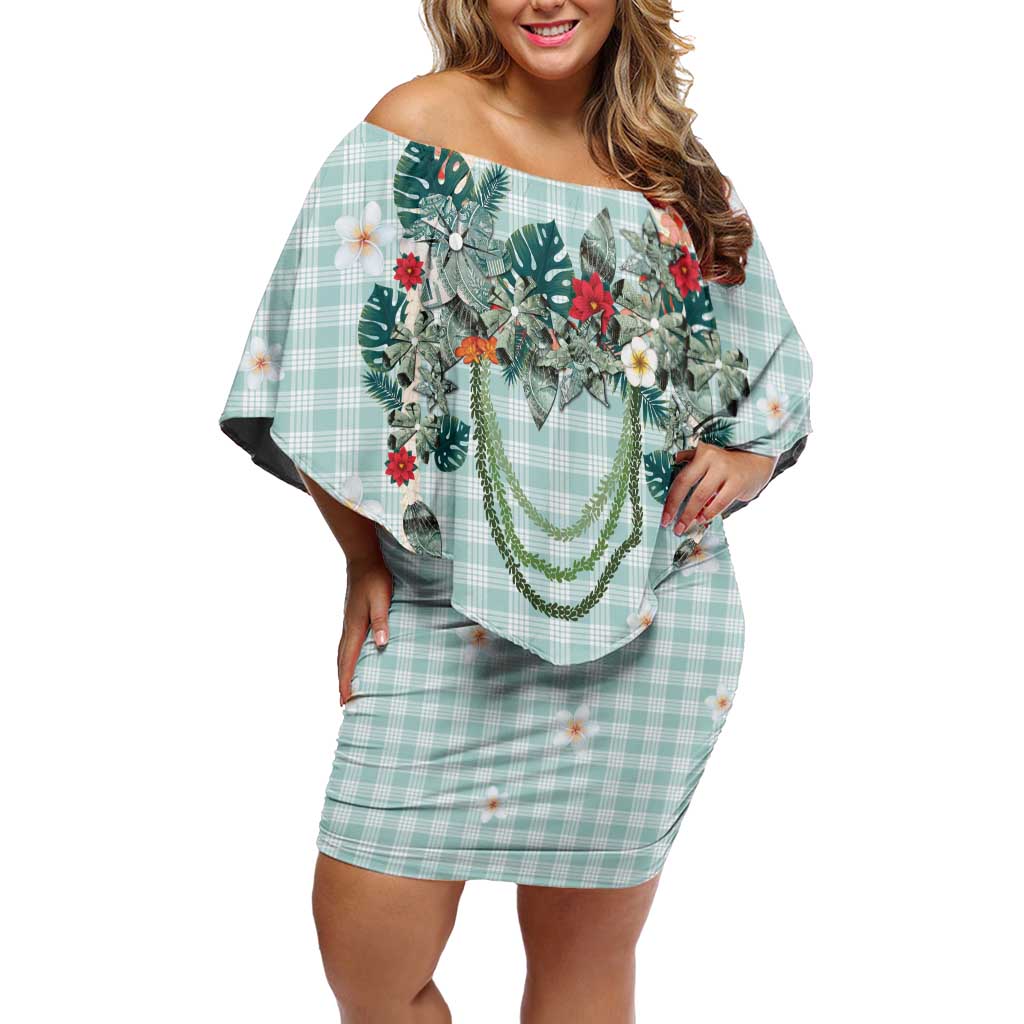 Turquoise Hawaiian Palaka Off Shoulder Short Dress Kukui Nut Money Lei - Polynesian Pride