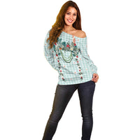 Turquoise Hawaiian Palaka Off Shoulder Sweater Kukui Nut Money Lei - Polynesian Pride