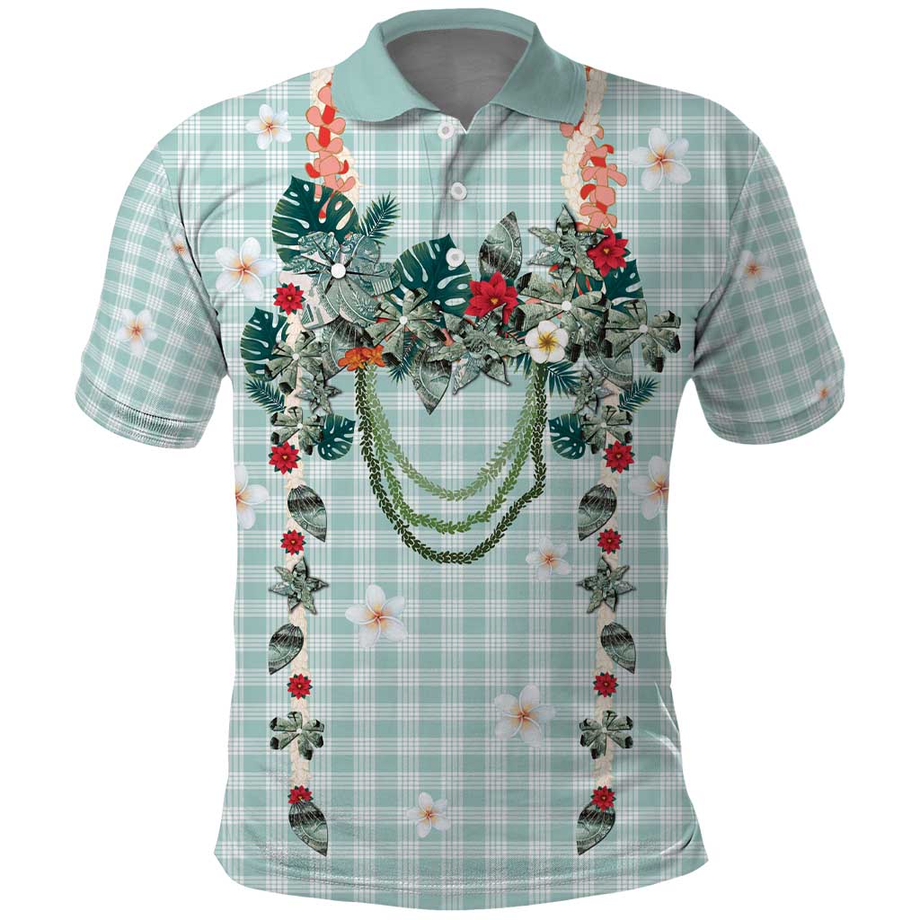 Turquoise Hawaiian Palaka Polo Shirt Kukui Nut Money Lei - Polynesian Pride