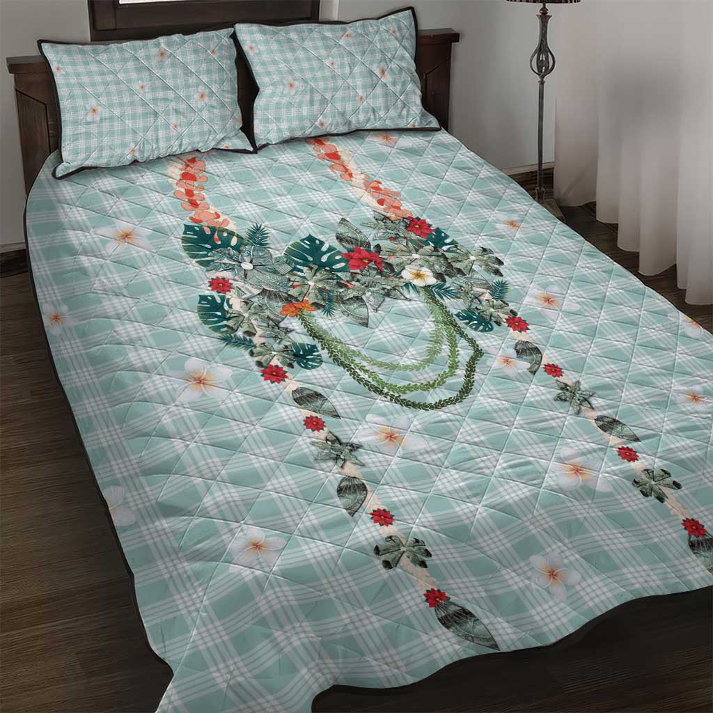 Turquoise Hawaiian Palaka Quilt Bed Set Kukui Nut Money Lei - Polynesian Pride