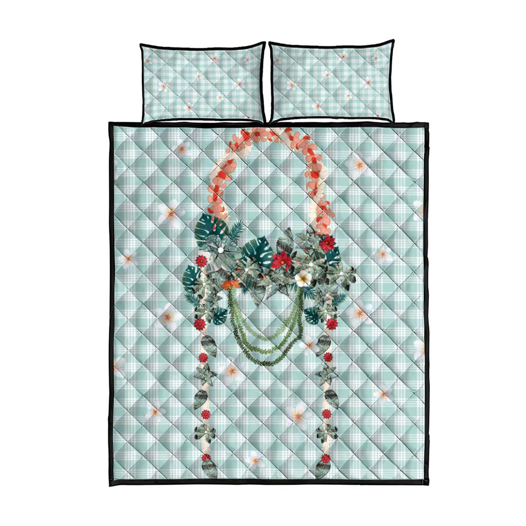 Turquoise Hawaiian Palaka Quilt Bed Set Kukui Nut Money Lei - Polynesian Pride