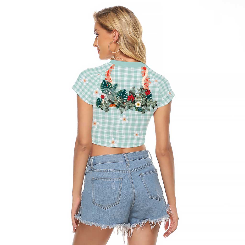 Turquoise Hawaiian Palaka Raglan Cropped T Shirt Kukui Nut Money Lei - Polynesian Pride