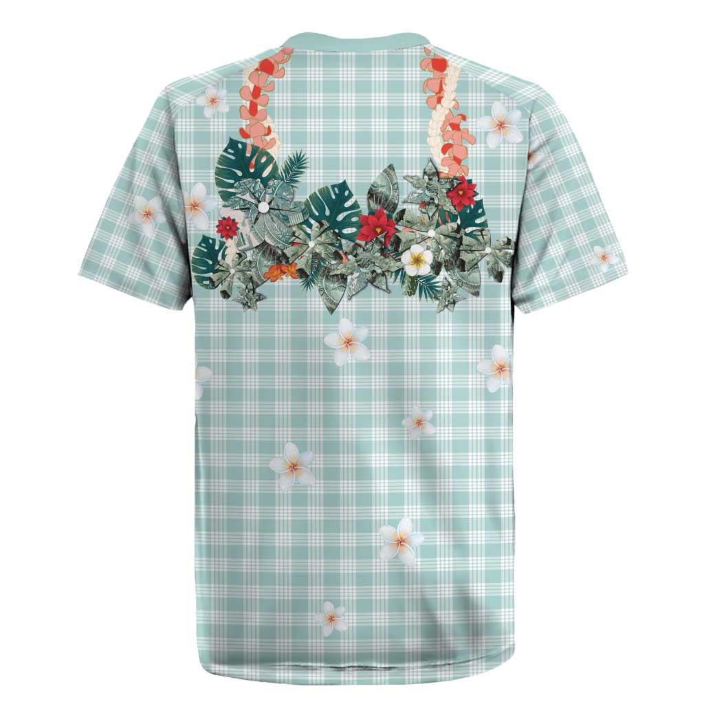 Turquoise Hawaiian Palaka Rugby Jersey Kukui Nut Money Lei - Polynesian Pride