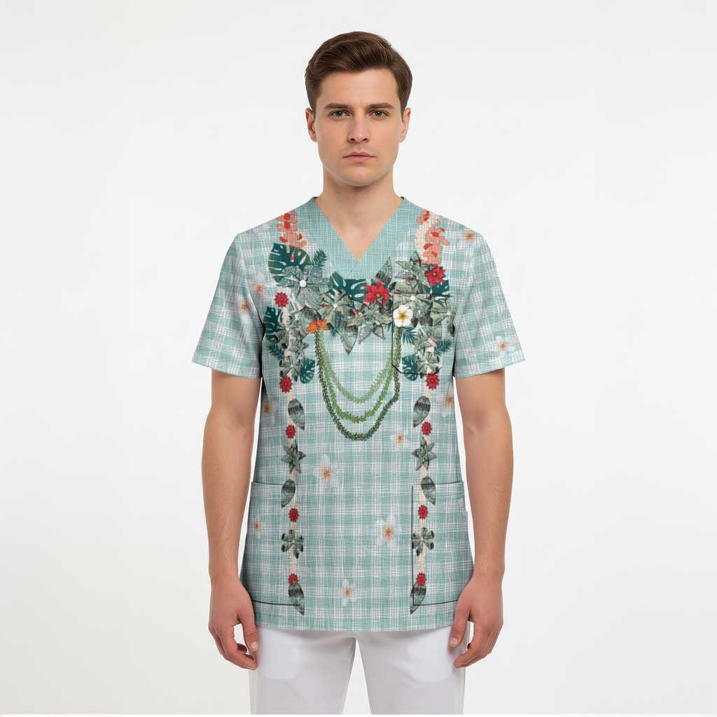 Turquoise Hawaiian Palaka Scrub Top Kukui Nut Money Lei - Polynesian Pride