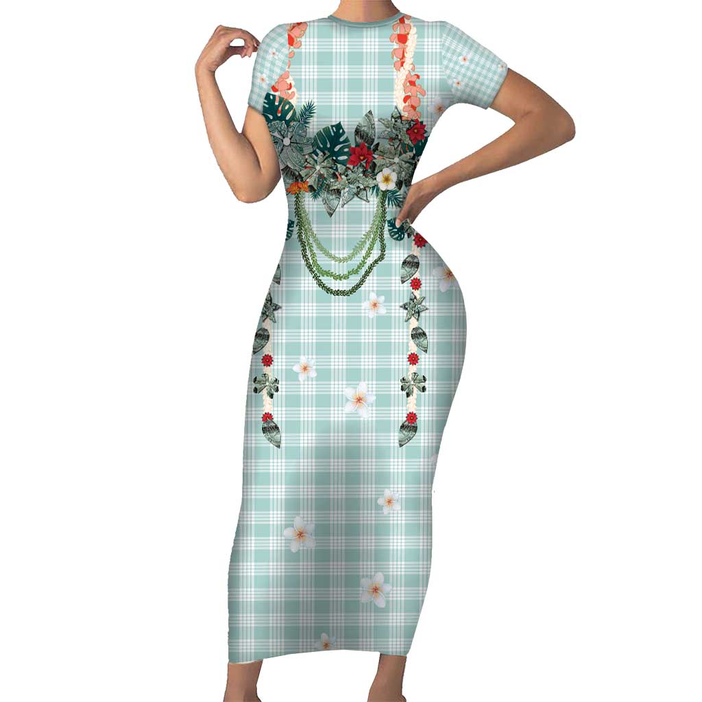 Turquoise Hawaiian Palaka Short Sleeve Bodycon Dress Kukui Nut Money Lei - Polynesian Pride