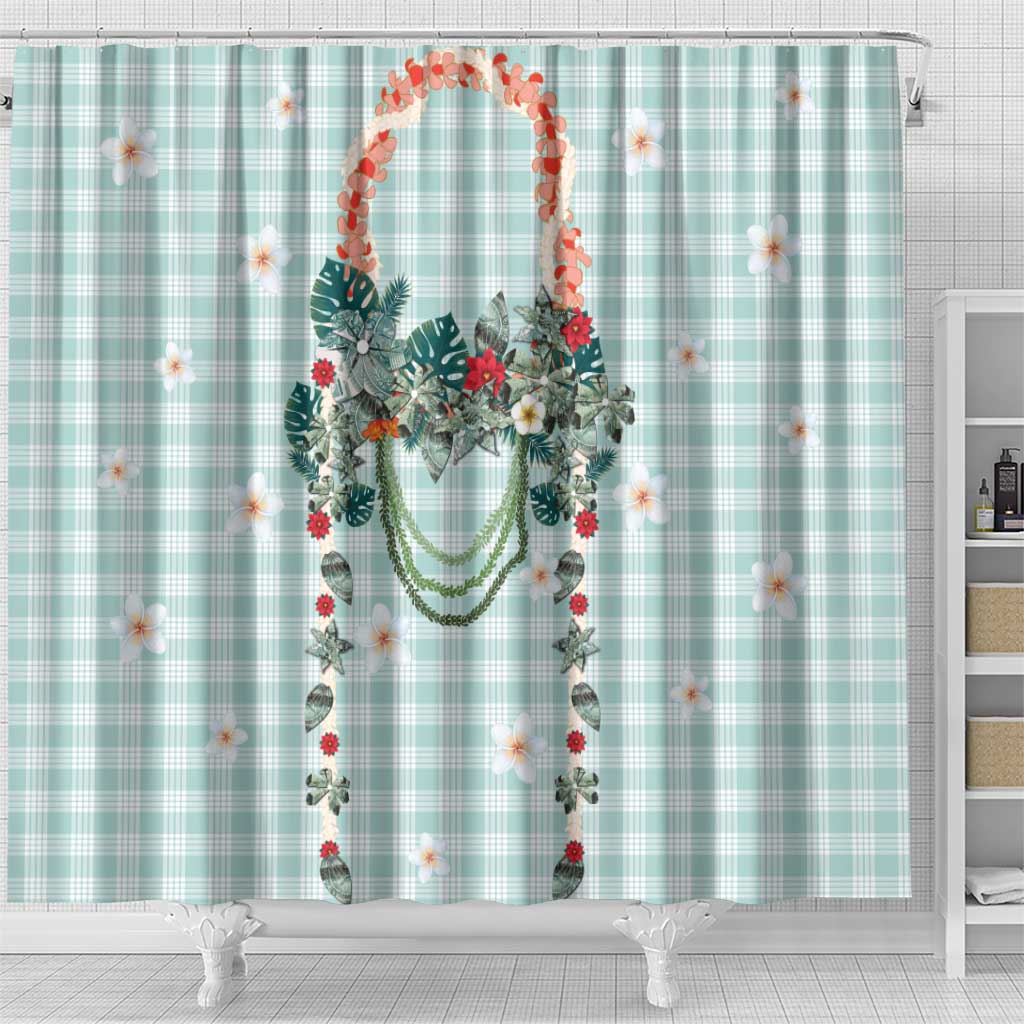 Turquoise Hawaiian Palaka Shower Curtain Kukui Nut Money Lei - Polynesian Pride