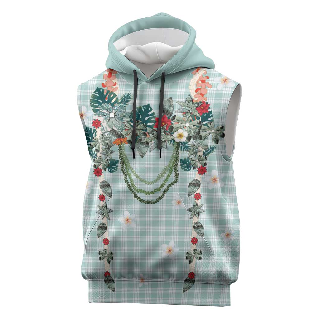 Turquoise Hawaiian Palaka Sleeveless Hoodie Kukui Nut Money Lei - Polynesian Pride