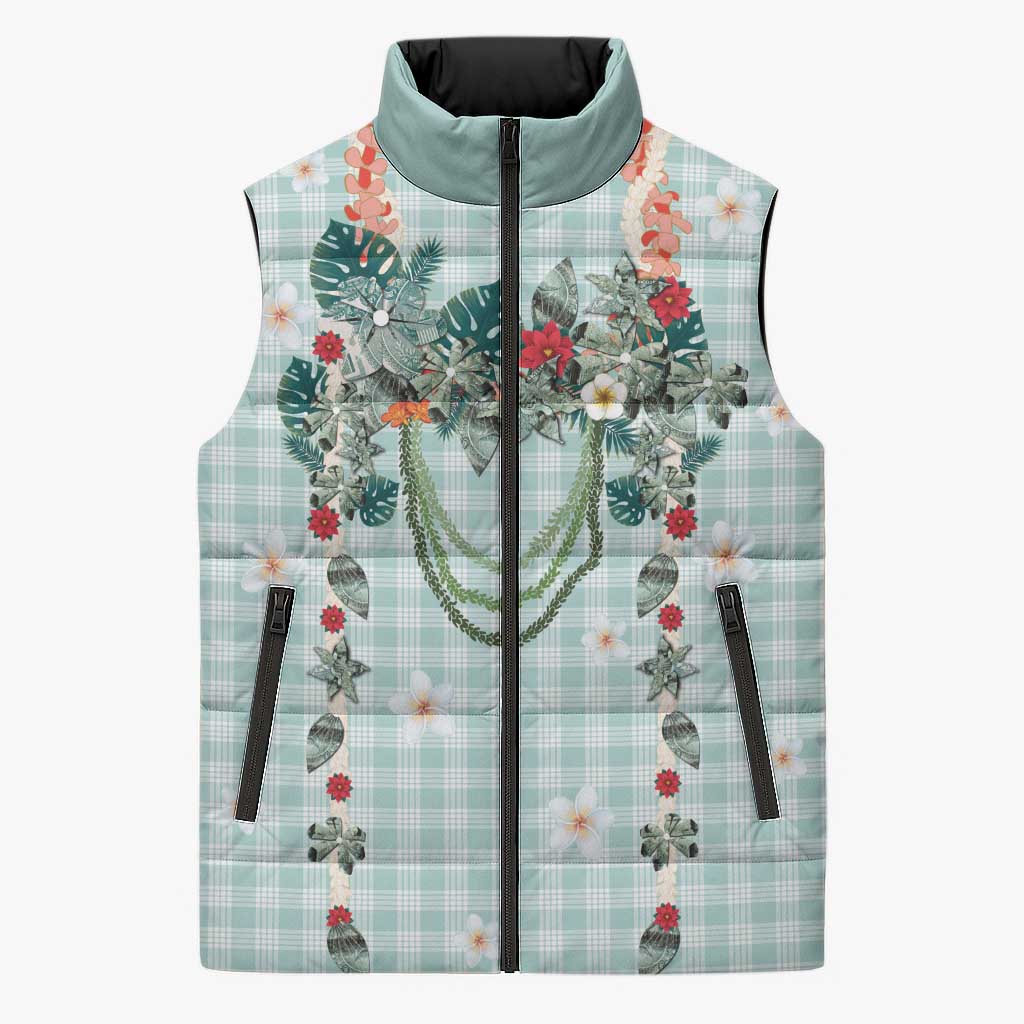 Turquoise Hawaiian Palaka Sleeveless Puffer Jacket Kukui Nut Money Lei - Polynesian Pride