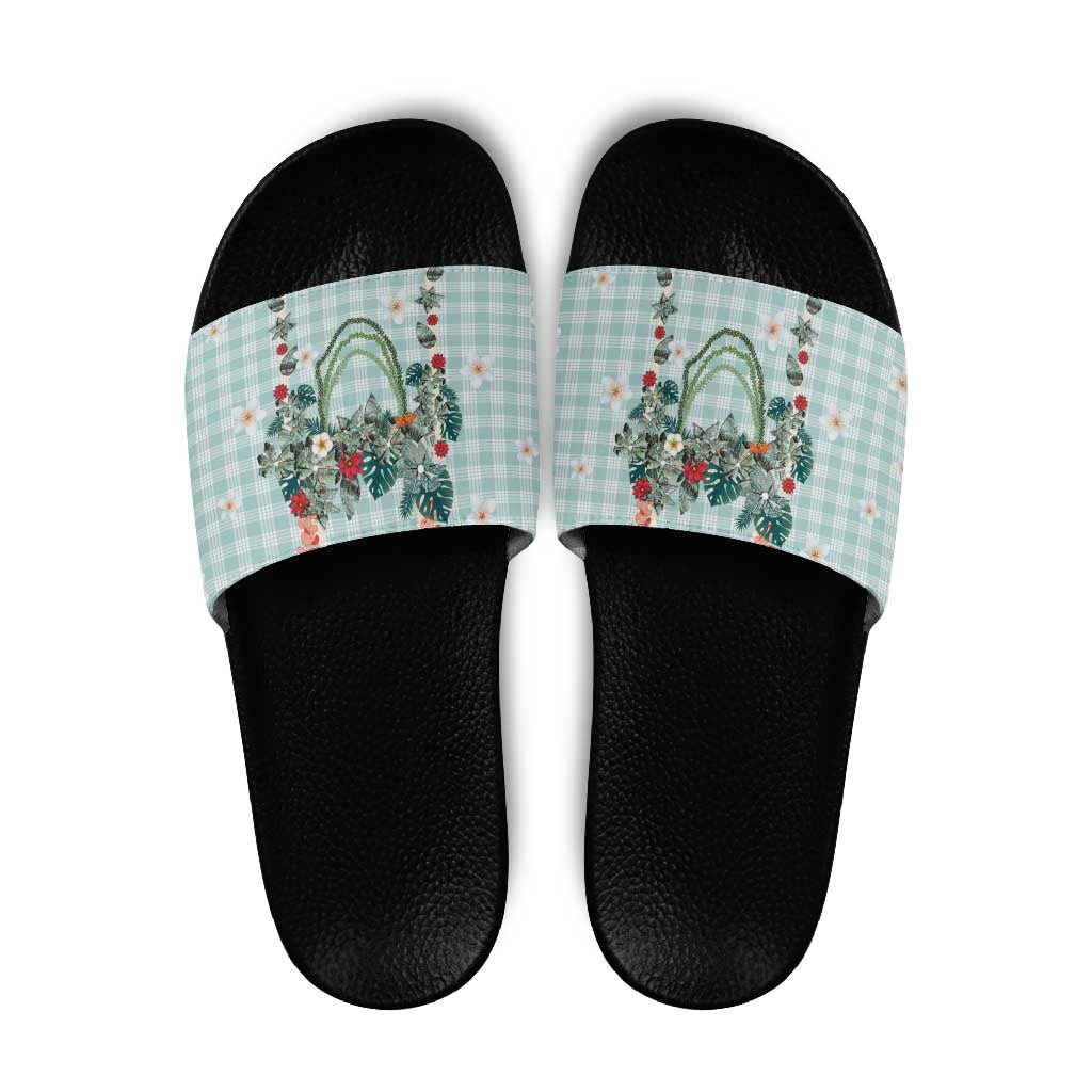 Turquoise Hawaiian Palaka Slide Sandals Kukui Nut Money Lei - Polynesian Pride