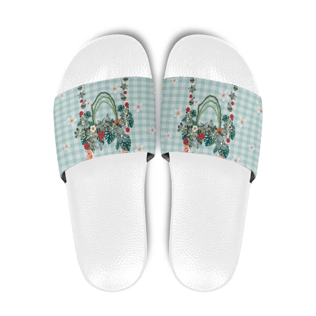 Turquoise Hawaiian Palaka Slide Sandals Kukui Nut Money Lei - Polynesian Pride