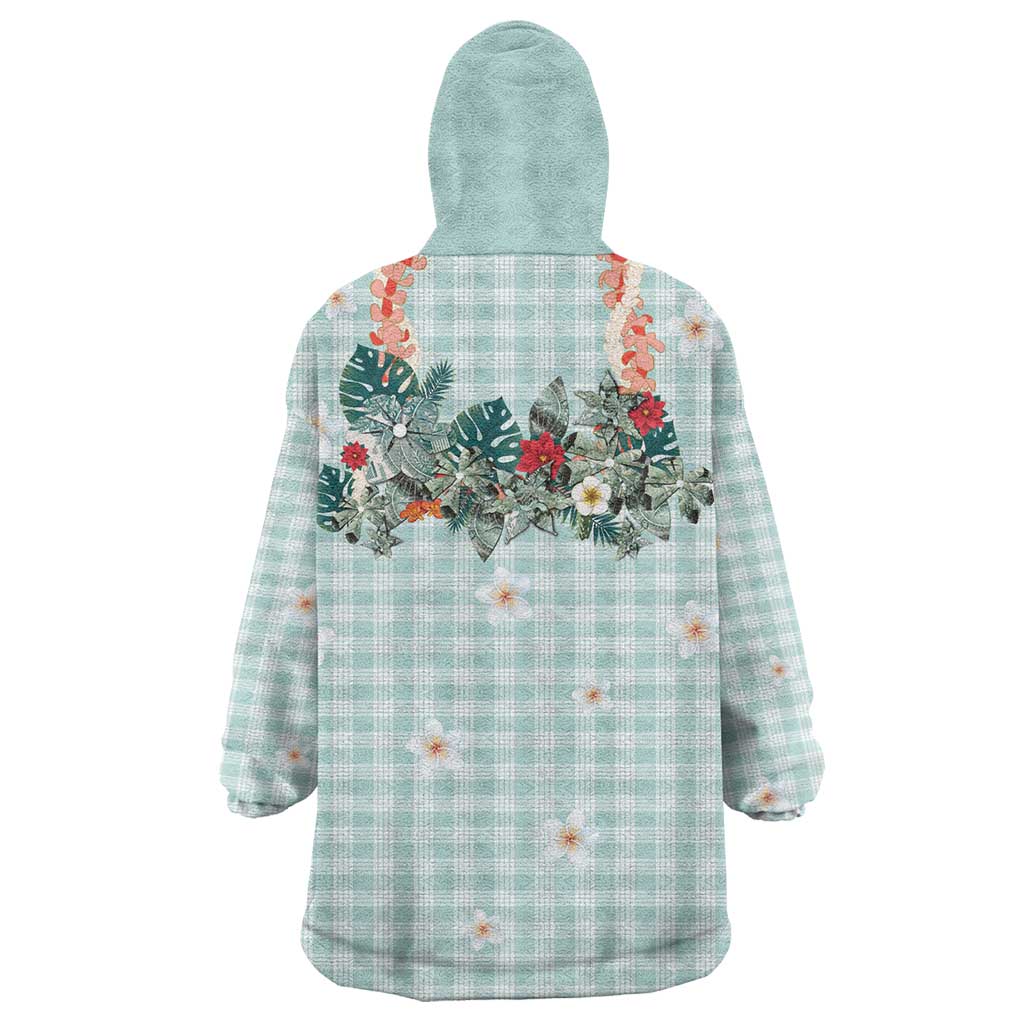 Turquoise Hawaiian Palaka Wearable Blanket Hoodie Kukui Nut Money Lei - Polynesian Pride