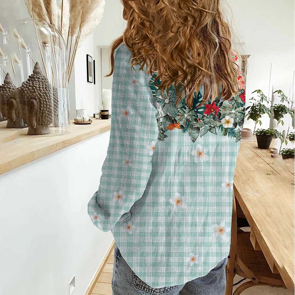 Turquoise Hawaiian Palaka Women Casual Shirt Kukui Nut Money Lei - Polynesian Pride