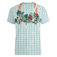 Turquoise Hawaiian Palaka Women V-Neck T-Shirt Kukui Nut Money Lei - Polynesian Pride