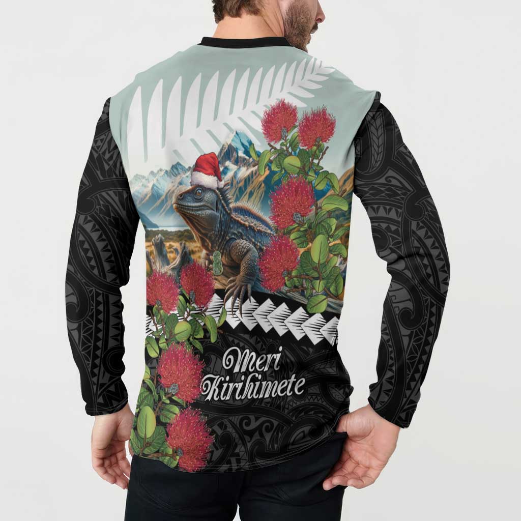 Meri Kirihimete Tuatara Button Sweatshirt New Zealand Fern with Puhutukawa Flowers