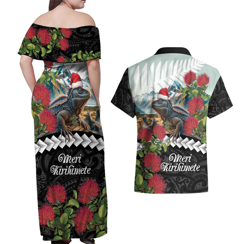 Meri Kirihimete Tuatara Couples Matching Off Shoulder Maxi Dress and Hawaiian Shirt New Zealand Fern with Puhutukawa Flowers