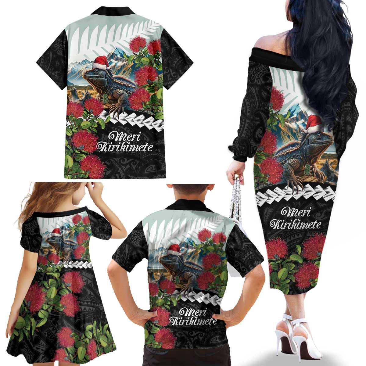 Meri Kirihimete Tuatara Family Matching Off The Shoulder Long Sleeve Dress and Hawaiian Shirt New Zealand Fern with Puhutukawa Flowers
