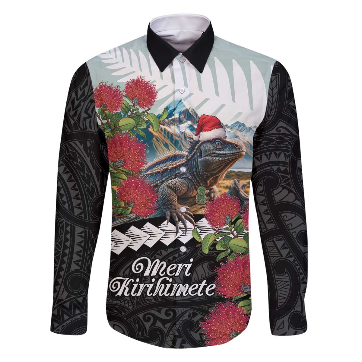 Meri Kirihimete Tuatara Family Matching Off The Shoulder Long Sleeve Dress and Hawaiian Shirt New Zealand Fern with Puhutukawa Flowers