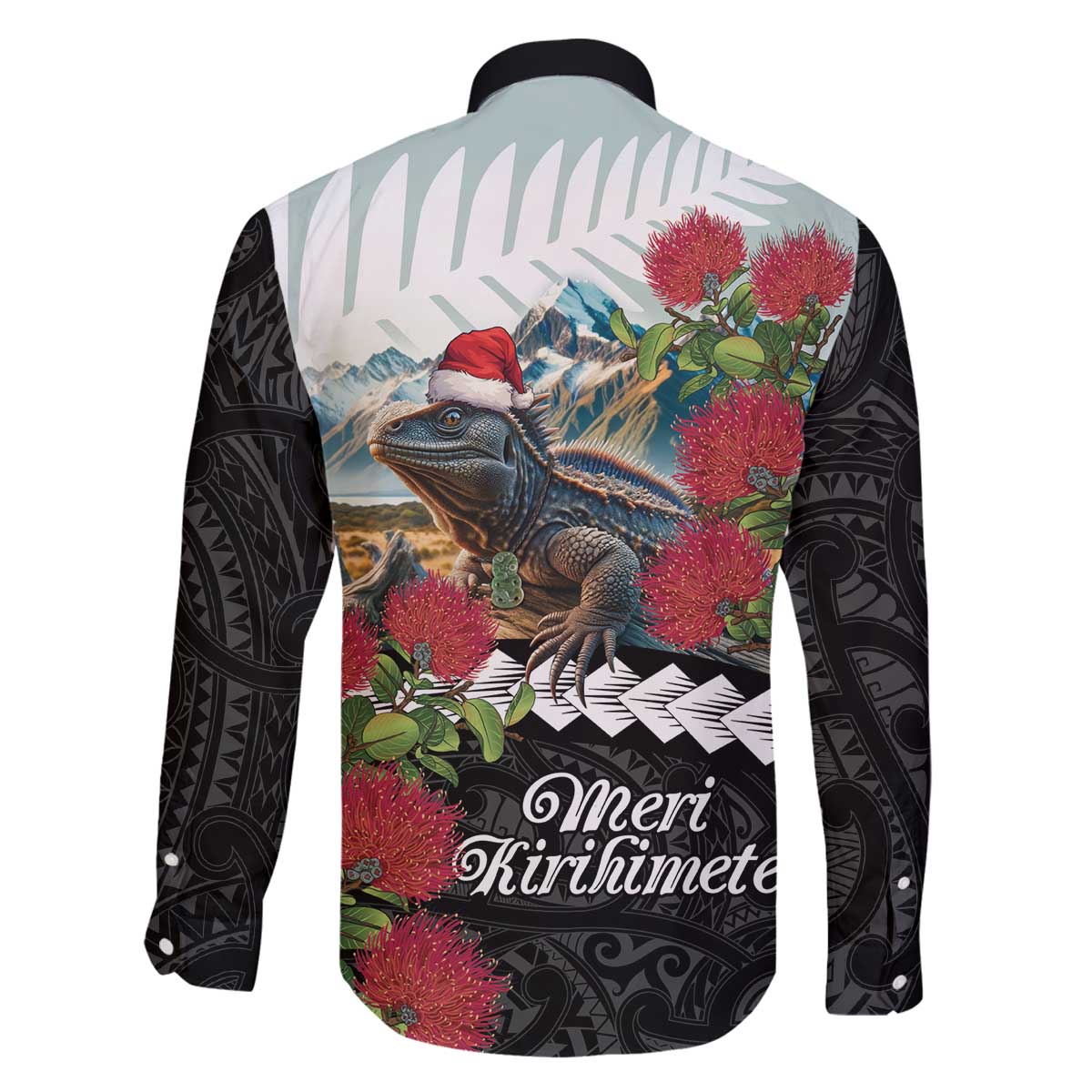 Meri Kirihimete Tuatara Family Matching Off The Shoulder Long Sleeve Dress and Hawaiian Shirt New Zealand Fern with Puhutukawa Flowers