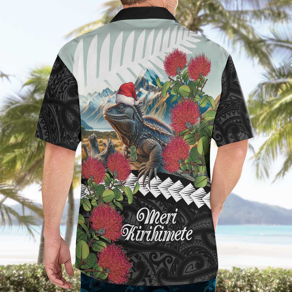Meri Kirihimete Tuatara Hawaiian Shirt New Zealand Fern with Puhutukawa Flowers