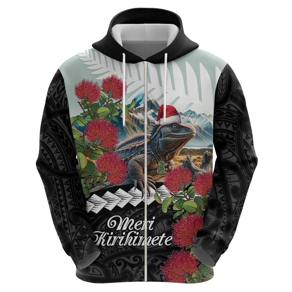 Meri Kirihimete Tuatara Hoodie New Zealand Fern with Puhutukawa Flowers