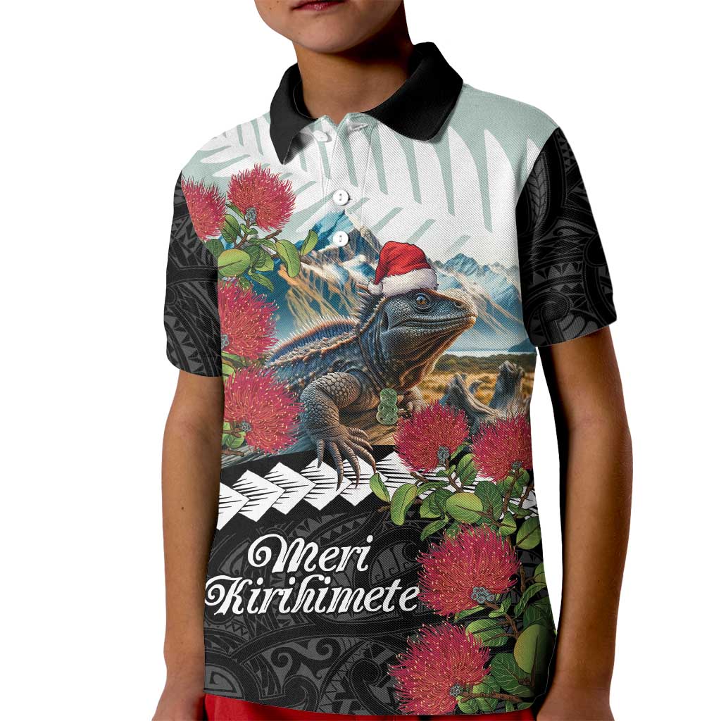 Meri Kirihimete Tuatara Kid Polo Shirt New Zealand Fern with Puhutukawa Flowers