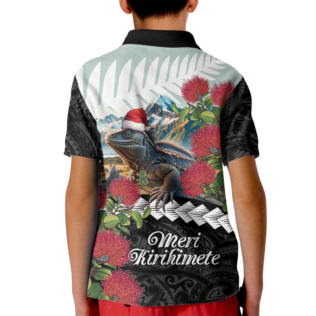 Meri Kirihimete Tuatara Kid Polo Shirt New Zealand Fern with Puhutukawa Flowers
