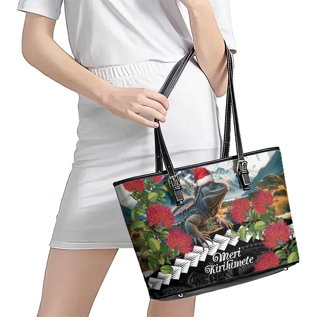 Meri Kirihimete Tuatara Leather Tote Bag New Zealand Fern with Puhutukawa Flowers