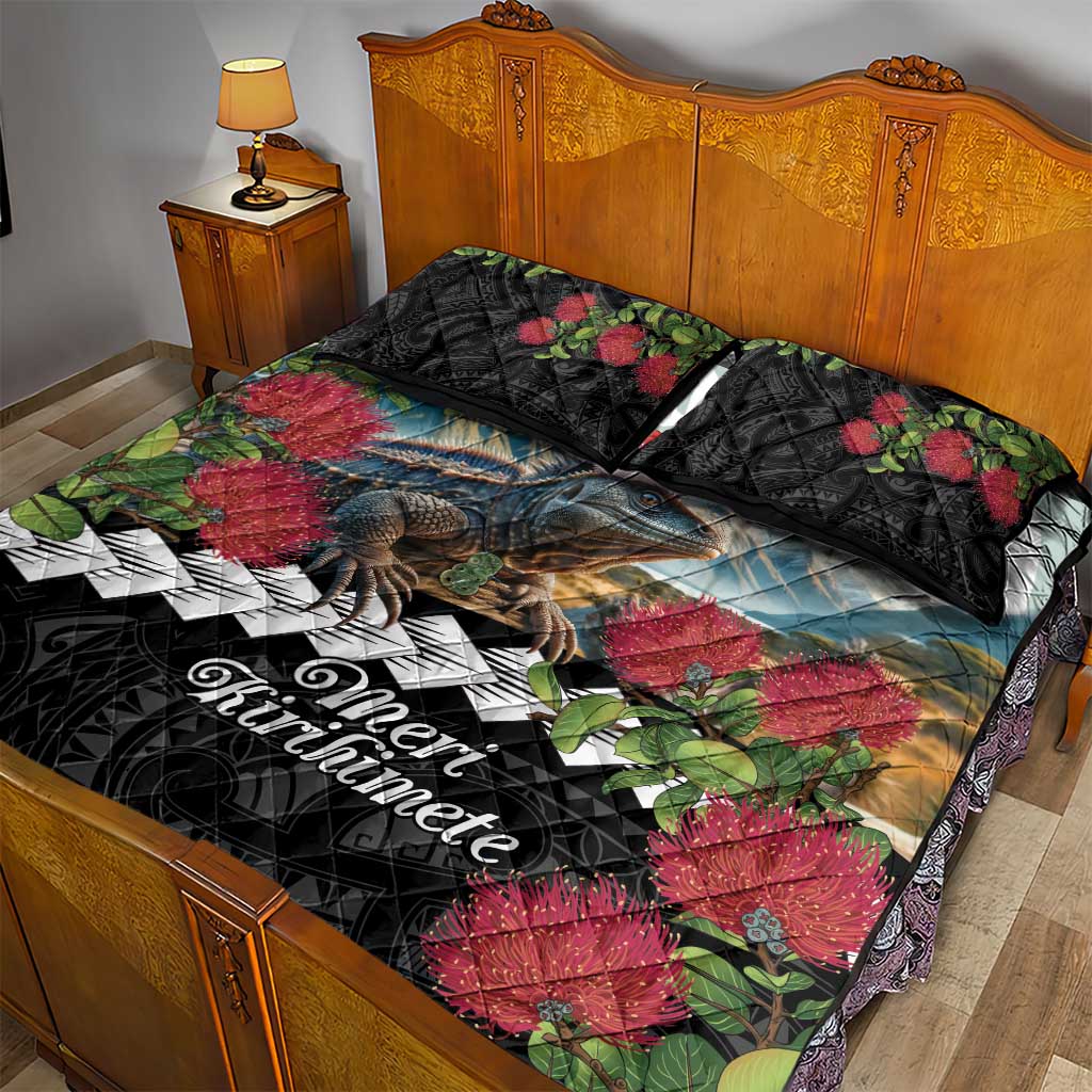 Meri Kirihimete Tuatara Quilt Bed Set New Zealand Fern with Puhutukawa Flowers