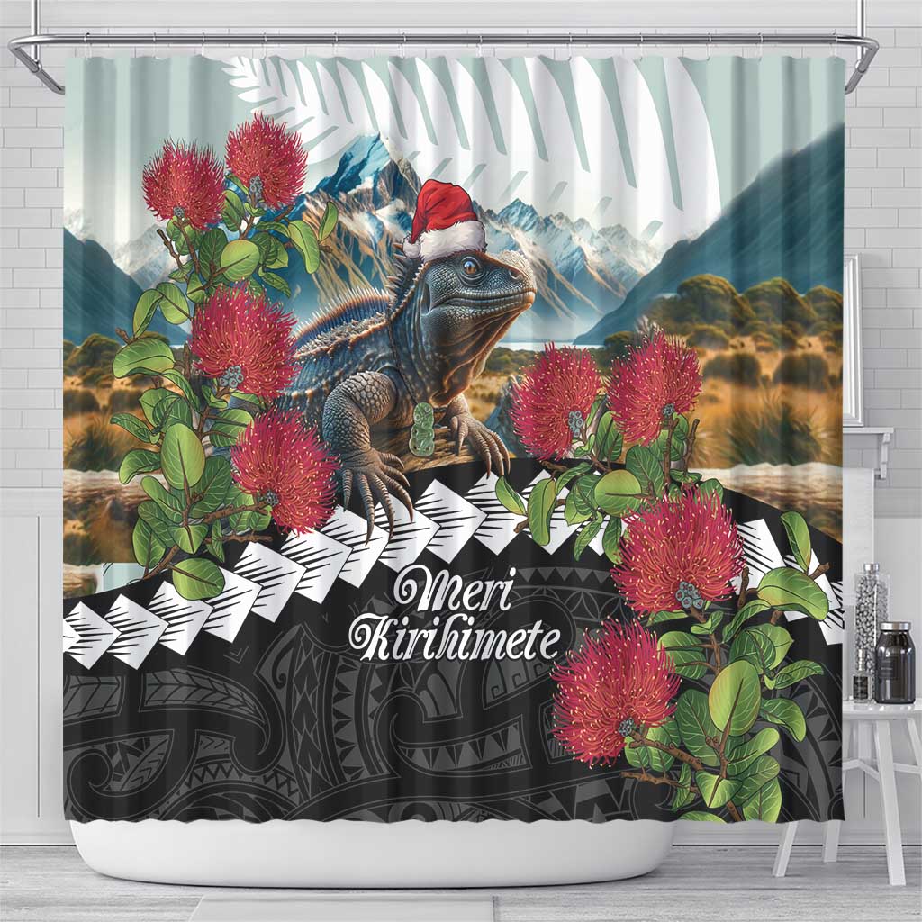 Meri Kirihimete Tuatara Shower Curtain New Zealand Fern with Puhutukawa Flowers